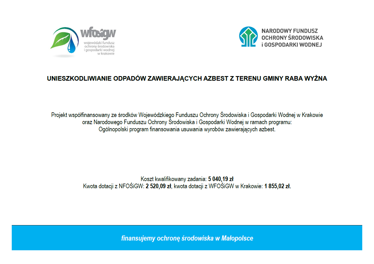 Tablica informacyjna "Unieszkodliwienie odpadów zawierających azbest z tereny Gminy Raba Wyżna" . W górnej części loga Wojewódzkiego Funduszu ochrony Środowiska i Gospodarki Wodnej w Krakowie oraz Narodowego Funduszu Ochrony Środowiska i Gospodarki Widnej. Koszt kwalifikowany zadania 5040,19 zł,